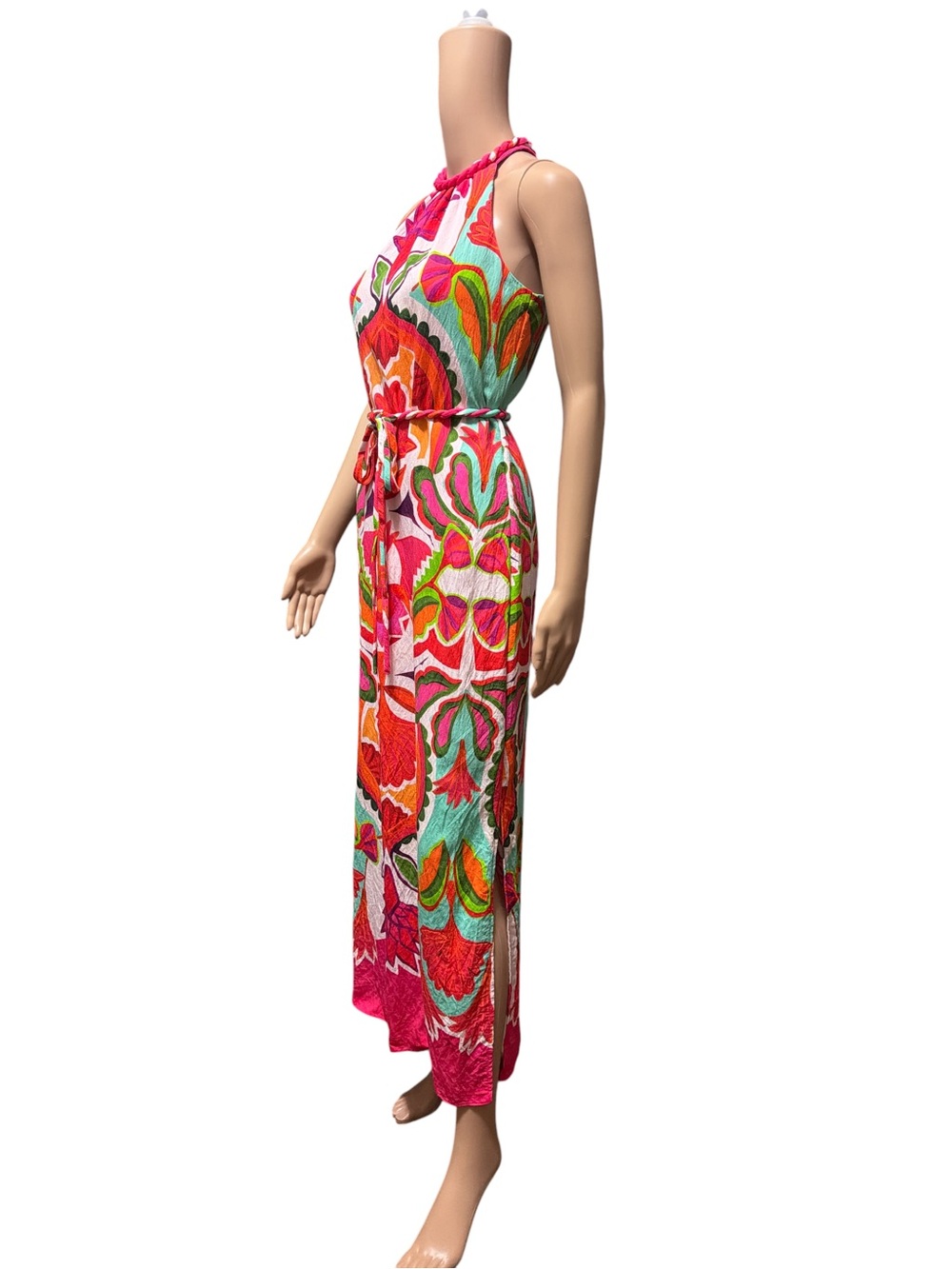 Vince Camuto Sz 0 Day Crepe Midi Dress Halter Boho Print Rope Inspired Belt - Picture 3 of 12